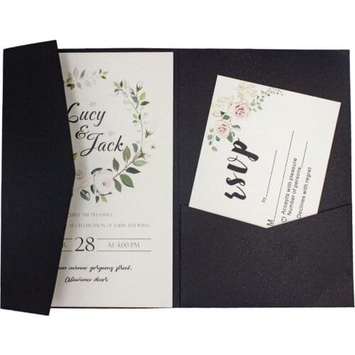 20pcs/lot pocketfold Wedding invitation Cards three folded card and laser cut pocket Greeting invitations cover party supplies