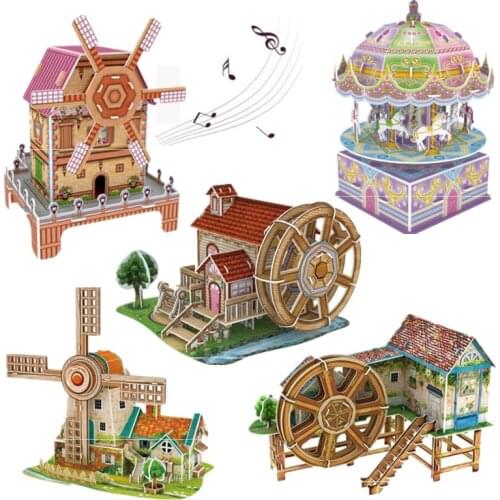 3D Three-dimensional Puzzle Windmill Waterwheel Paper Assembled Building Model Music Box Puzzle Toys for Childrens Gift