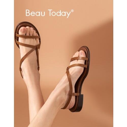 BeauToday Gladiator Sandals Women Cow Leather Narrow Band Slingback Buckle Strap Summer Beach Ladies Flat Shoes Handmade 32283