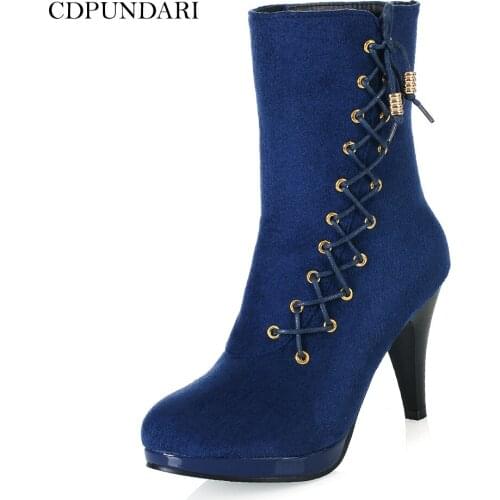 CDPUNDARI Flock Lace Up Platform Ankle Boots For Women High Heels Boots Ladies Autumn Winter Short Boots Shoes bottines femme