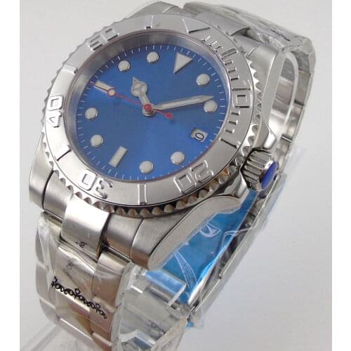 40mm Bliger Mens Automatic Watch Genuine NH35 NH35A Miyota 8215 Movement Sterile Blue Dial Sapphire Glass Date Screw In Crown