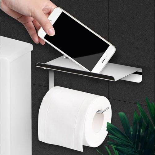 Punch Free Toilet Paper Holder With Phone Shelf SUS 304 Stainless Steel Bathroom Adhesive Tissue Holder Toilet Paper Roll Holder
