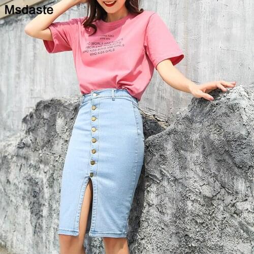 Denim Jean Skirt Women Single Breasted Button Autumn Wear High Waist Elastic Female Midi Slim Skirt Ladies Womens Jeans Skirts