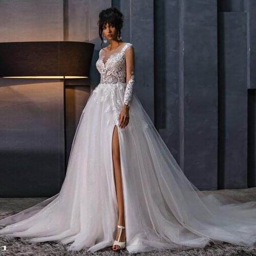 ElegantLong Sleeve Bridal Dresses Front High Split Ball Gowns Appliques Tulle Wedding robe de soirée de mariage vestidos