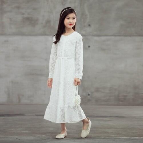 Teen Girls Elegant Party Maxi Dress 10 12 years Long Sleeve White Lace Tail Dresses Ceremony Mom Girl Clothes