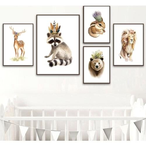 Raccoon Lion Deer Bear Nursery Art Prints Nordic Posters And Prints Wall Art Canvas Painting Wall Pictures Baby kids Room Decor