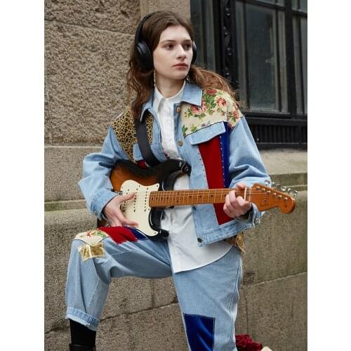 IRINACH331 Spring Summer 2021 Original Design New Arrivals Vintage Print Patchwork Denim Jacket Women