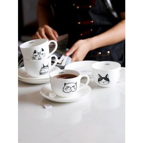 280ml ceramic coffee cup saucers bone china simple style cat cute Europe creative white tea cups & saucer