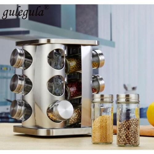 12-Piece Kitchen Storage orange zat Rotatable Base Stainless Steel Jar Glass Spice Jar Salt Shaker And Pepper Shaker Set