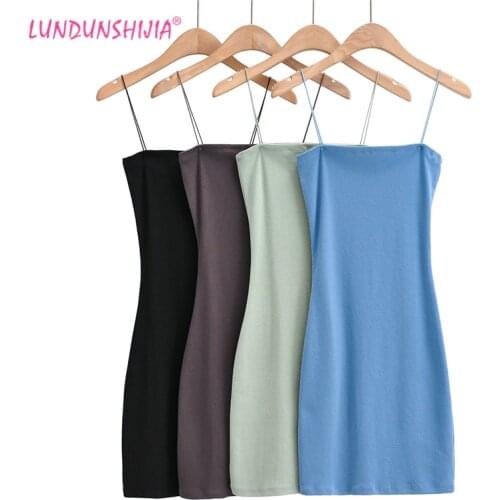LUNDUNSHIJIA 2021 Summer Women Sexy Ribbed Cotton Dress Slim Sheath Spaghetti Strap Elastic Ladies Fashion Tight Dresses