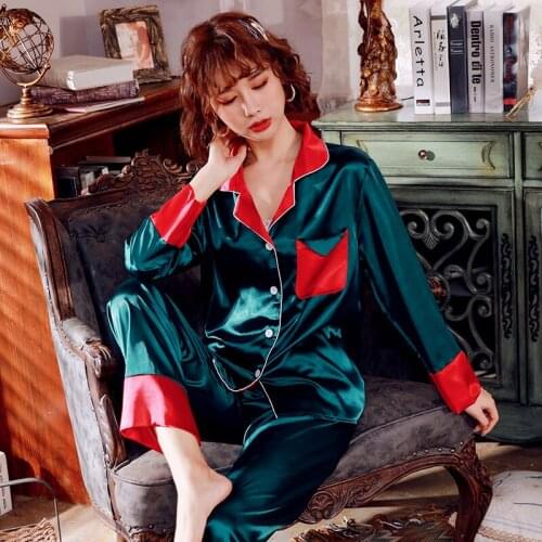 New Autumn Winter Women Faux Silk Pajamas Set Simple Pure Color Causal Nightwear Suit Long Sleeve Stain Pyjama Womens Sleepwear