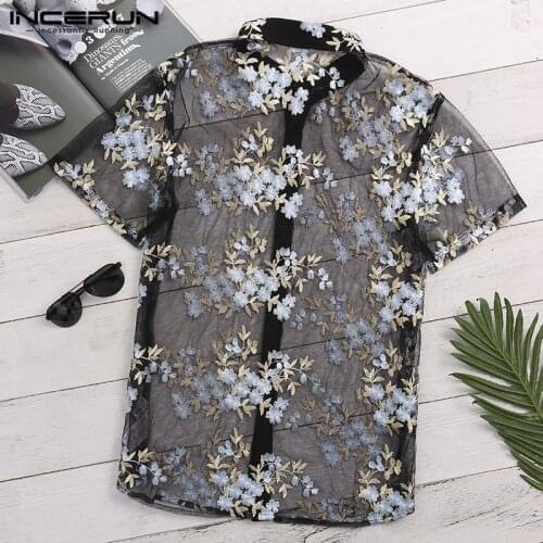 INCERUN Fashion Mens Shirt Short Sleeve Flower Embroidered Mesh Sexy Shirt Men See Through Slim Transparent Lace Shirt Tops