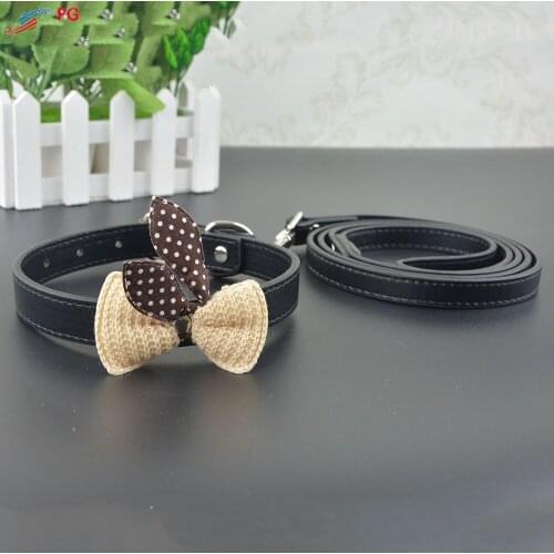 Knit Bowknot Style Dog Collar Leather Adjustable Pet Dog Collar and Leash Set with Gift