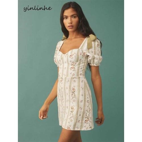 Yinlinhe White Heart Collar Sexy Dress Women Backless Lace Up Summer Dress Puff Sleeve Vintage Mini Dresses Party French 2122