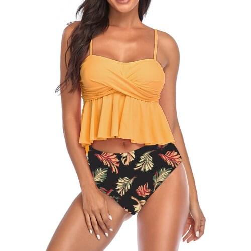 Avocado Print Skirt Split Bikini Set High Waist Swimsuit Women Ruffle Leaf Beach Swimwear Plus Size Clothing Bathing Suit 4