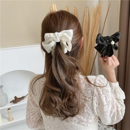 New Korea Style Sweet Hairpin Cute Ribbon Bow Imitation Pearl Banana Hair Clip Women Fashion Hair Accessories 2021