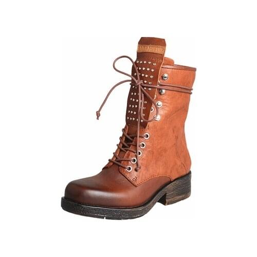 Women western cowboy boots Rivets genuine leather designer handmade chunky heels corral mid-calf ladies riding boots motorcycle