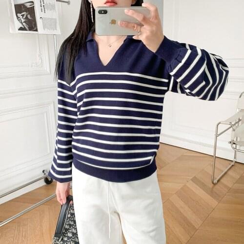 Womens Striped Knitted Sweater V-Neck Lapel Long-Sleeved Loose Casual Pullover Sweater 2021 Early Autumn New Streetwear