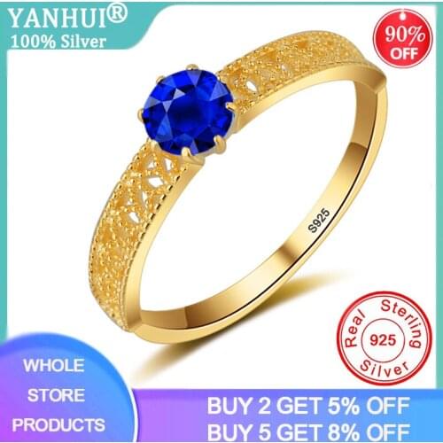 YANHUI Hollow Pattern Blue Gemstones Ring 0.75ct Sapphire Ring Silver 925 Jewelry Aquamarine Ring For Women Engagement Rings