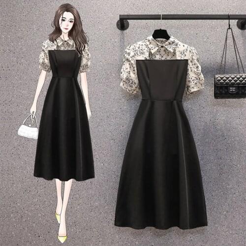 EHQAXIN Summer Plus Size Womens Floral Stitching Dress Fashion Hepburn Style Short-Sleeved Princess Little Black Dresses L-4XL