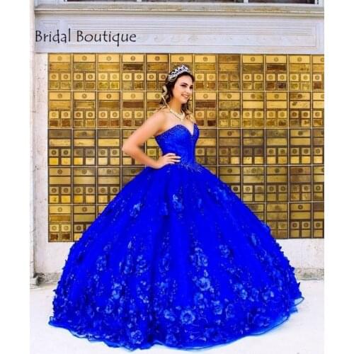Vestidos de XV años Royal Blue Quinceanera Dresses with 3D Flowers Applique Corset Top Beaded Ball Gown Sweet 16 Dress Plus Size