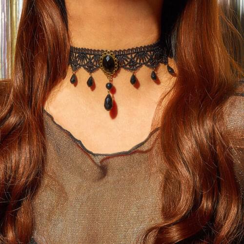 Hot Fashion Vintage Palace Gothic Lace Choker with Crystal Tassel Womens Sexy Black Chokers Necklce Wedding Jewelry Girls