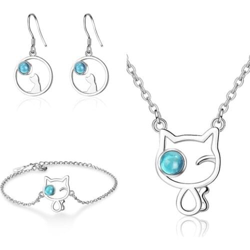 2021 Trend Silver 925 Earrings Women Jewelry Sets Girl Charms Crystal Blue Cat Pendant Female Choker Neck Earrings Set Princess