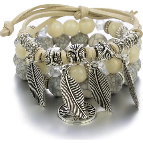 3pcs/set Bohemia Opal Crystal Owl Beaded Multilayer Chain Bracelets For Women Vintage Metal Leaves Charm Bracelet Jewelry femme