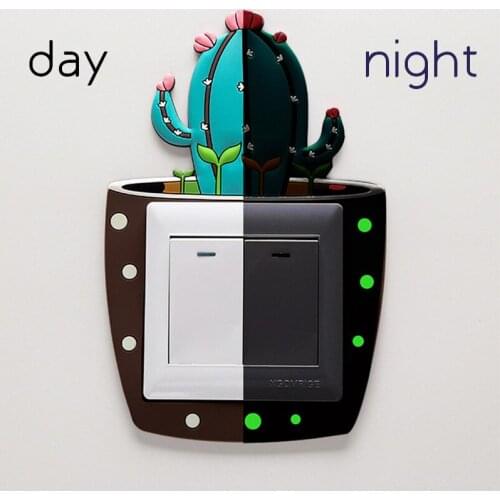 4pcs Cactus Luminous Switch Sticker Creative Cartoon Cactus Switch Sticker Decoration Wall Switch Sticker Accessory Socket Cover