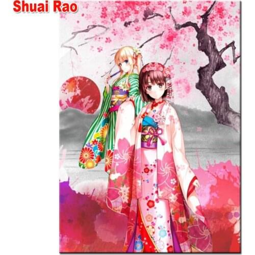 5D DIY diamond Painting japanese Kimono girl full drill embroidery Diamond Mosaic Art cartoon pink angel for home decor gift