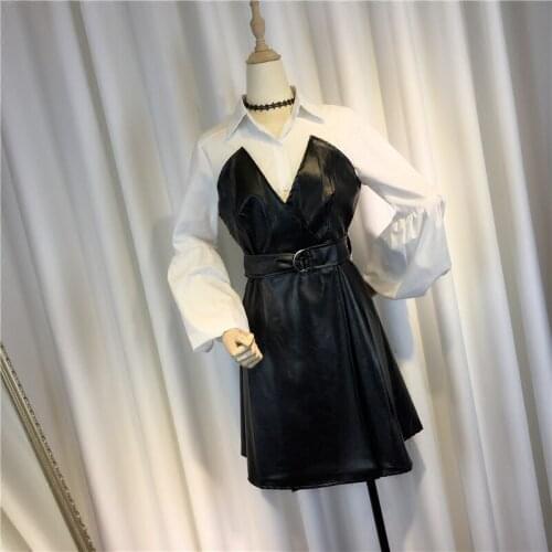 White And Black Pu Leather Women Dresses Slim Lantern Sleeved Office Lady Elegant Clothing Top Quality