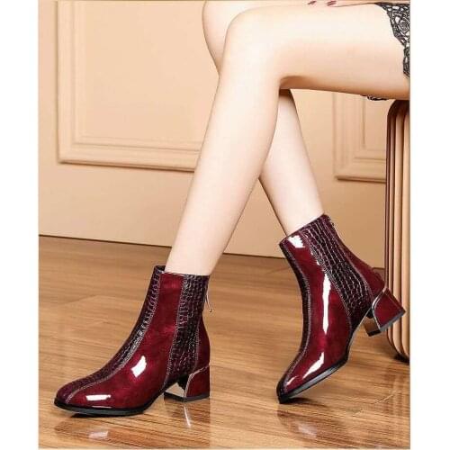 Ankle Boots for Women Patent Leather Chunky Boots Zipper and Lace Up Short Chelsea Boots Toe Women Boots