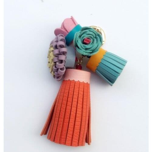 Luxury Real Lambskin Leather Tassels keychian Diy Flower Bag Charms Handbag Accessories Porte Clef Women Girlfriend Gift