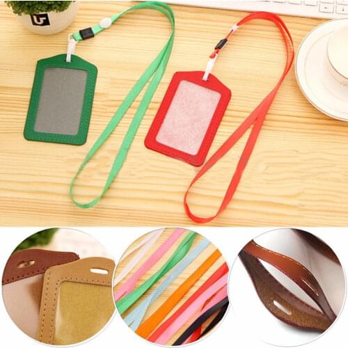NEW PU 1pcs Leather Candy Colors Pocket ID Card Pass Badge Holders Case Neck Strap Lanyard School Office Supplies