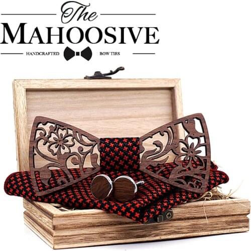 Wood Floral Paisley Wooden bow ties with Cufflinks Men Butterfly Self Bow Tie BowTie Pocket Square Handkerchief Hanky Suit Set