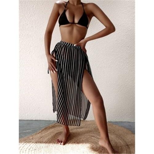 Women 3Pcs BeachWear Swimwear Solid Color Bikinis Set Deep V-neck Halter Tops Side Tie Bottoms Striped Side Split y2k clothes
