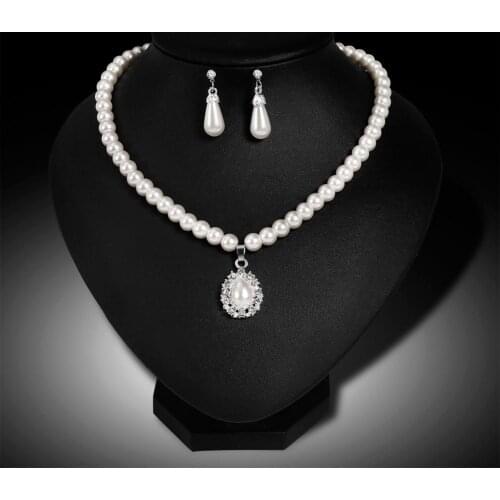 Water Drop Faux Pearl Beaded Rhinestone Bridal Necklace Earrings Jewelry Set hot