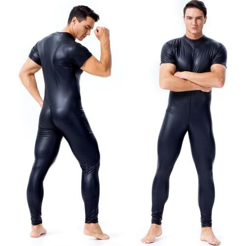 Mens Short Sleeve Jumpsuit Hot Shapers Sex Body Leotard Patent Leather Costumes Double Zipper Open Crotch NightClub Gay Clubwear