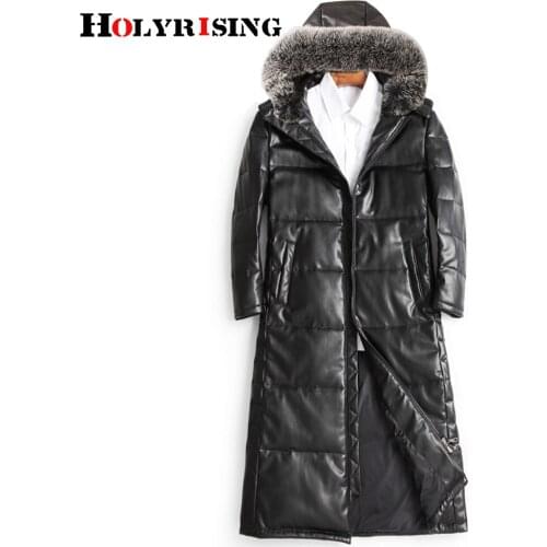 M-5XL Extended long leather down jacket mens real sheep leather jacket natural fur hooded thick leather coat 19428