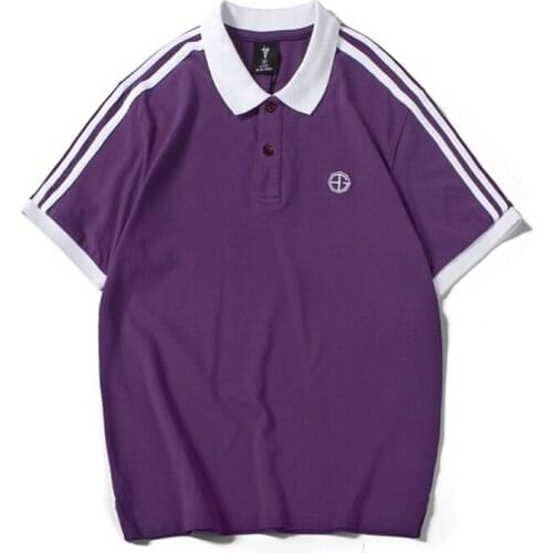 Striped Shoulder Embroidered Side Split Polo T Shirts for Men Japanese Harajuku Streetwear Mens Short Sleeve Cotton Polo Shirt