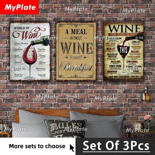 [MyPlate]3Pcs World Of Wine Metal Poster Bar Furniture Plates Panels Metal Borden Vintage Decor Man Cave Decor Bar Sign