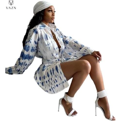 VAZN New 2021 Ladies Fashion Street Casual Style Short Dress Long Sleeve Lapel Single Breasted Printed Mini Short Shirt Dress