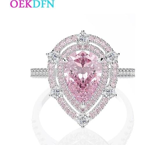 OEKDFN 100% 925 Sterling Silver Ring For Women Created Pink Water Drop Zircon Engagement Wedding Jewelry Rings Anniversary Gift