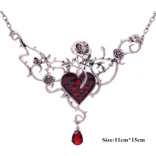 Gothic Red Heart Rose Silver Color Metal Necklace For Women Jewelry Vintage Hyperbole Punk Fashion Cool Plant Necklace New