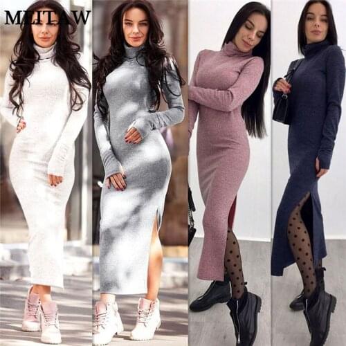 Women Elegant Knitted Sweater Dress Winter Autumn Turtleneck Bodycon Dress 2020 Sexy Split Long Dresses Streetwear