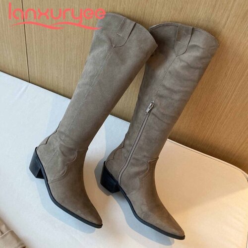 Lanxuryee equestrian boots microfiber three colors small square toe thick high heel zipper korean girls cozy knee high boots L21