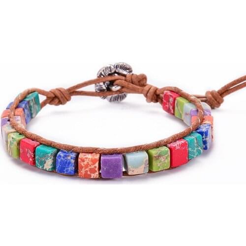 Seven Chakra Natural Stone Bracelet for Woman Lotus Yoga Bracelets Adjustable Leather Rope Bangles Wrist Fashion Jewelry