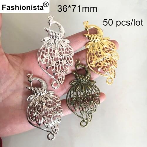 50 pcs Peacock Connectors,36*71mm Metal Stamping Filigree Peacock,DIY Jewel Accessories,Gold-color,Silver-color,Bronze,Steel