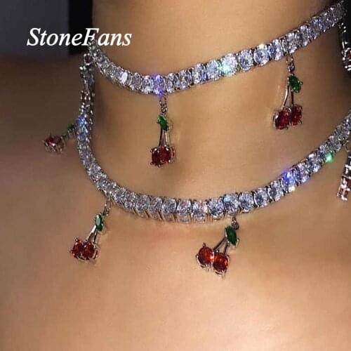 Stonefans Double Layer Rhinestone Cherry Necklace Cute Jewelry for Women Hip Hop Cherry Charm Pendant Necklace Tennis Choker