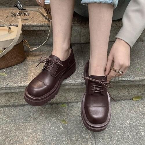 Sgesvier Plus size 34-43 Hot Genuine Leather Shoes Lace Up Retro Spring Summer Fashion Platform Shoes White Brown Casual Pumps